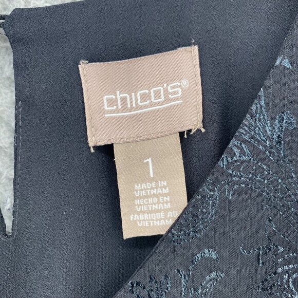 Chicos Top Womens 1 US Medium Black Shimmer Jacquard Layered 3/4 Roll Tab Sleeve - Picture 5 of 10